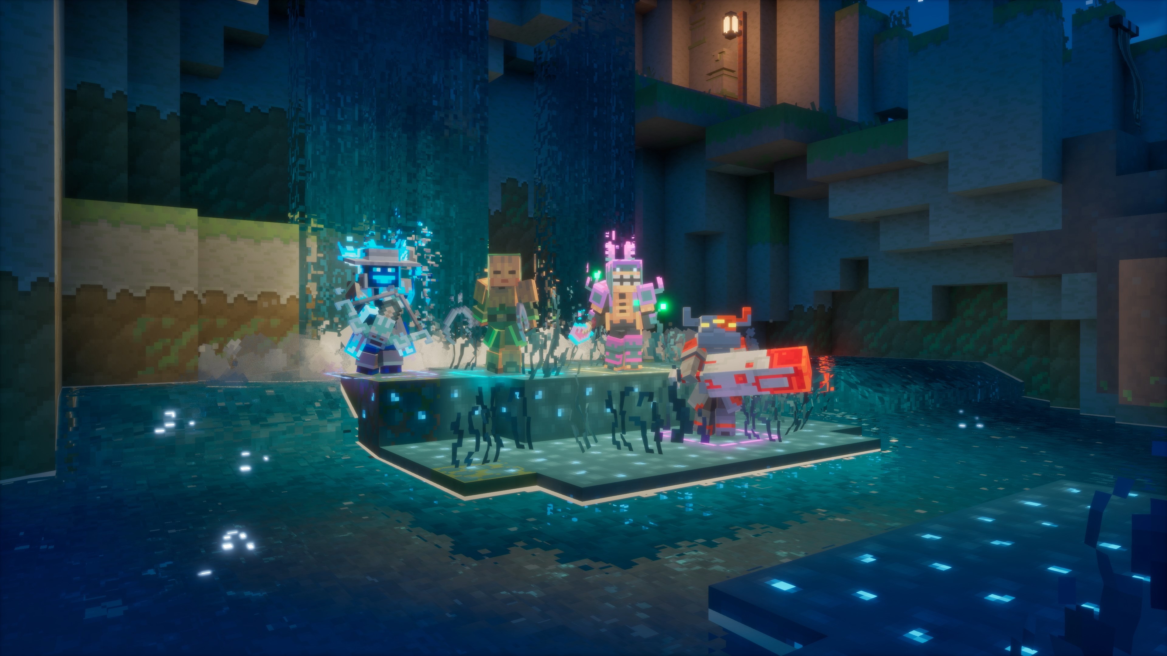 Several blocky characters stand on a platform amid dark blue surroundings and glowing blue specks.